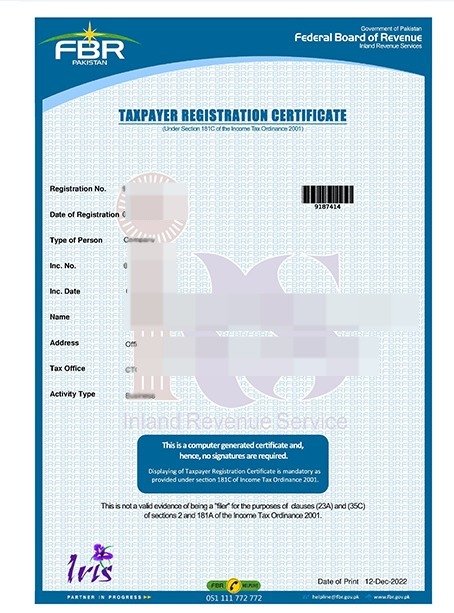 Taxpayer Registration Certificate

An official document is issued by tax authorities to individuals and businesses called as National Tax Number or ntn Certificate upon successful  registration for tax purposes.
